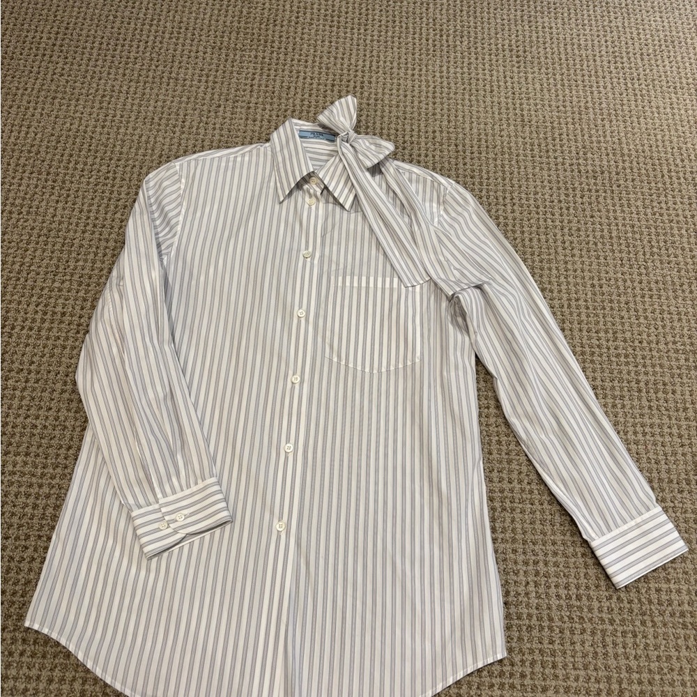 New PRADA Sz 38 Striped Blouse Tunic Top, Tie on neck White gray red OUTSTANDING